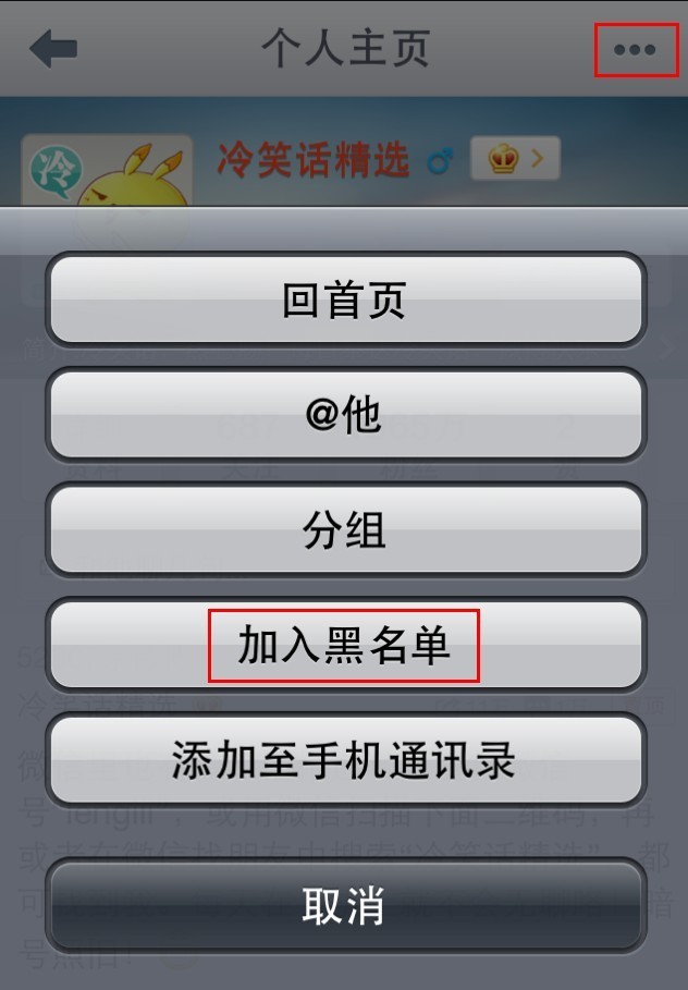 新浪微博如何使用iPhone客戶端將用戶加入/解除黑名單？ &nbsp
