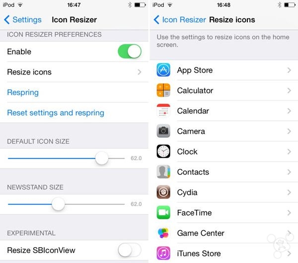 iOS7.1.2越獄插件推薦：改變桌面圖標的大小Icon Resizer