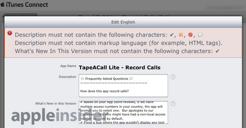 IOS開發者不能夠使用特殊字符來描述應用